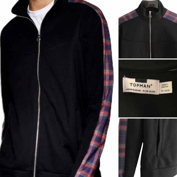 TOPMAN Black Bomber Plaid Panel Zip Front Jacket Unisex XS - Picture 1 of 11